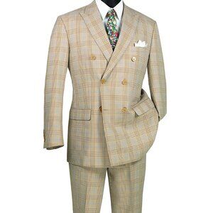 Luxurious Men's Double-Breasted Glen Plaid Suit-Beige